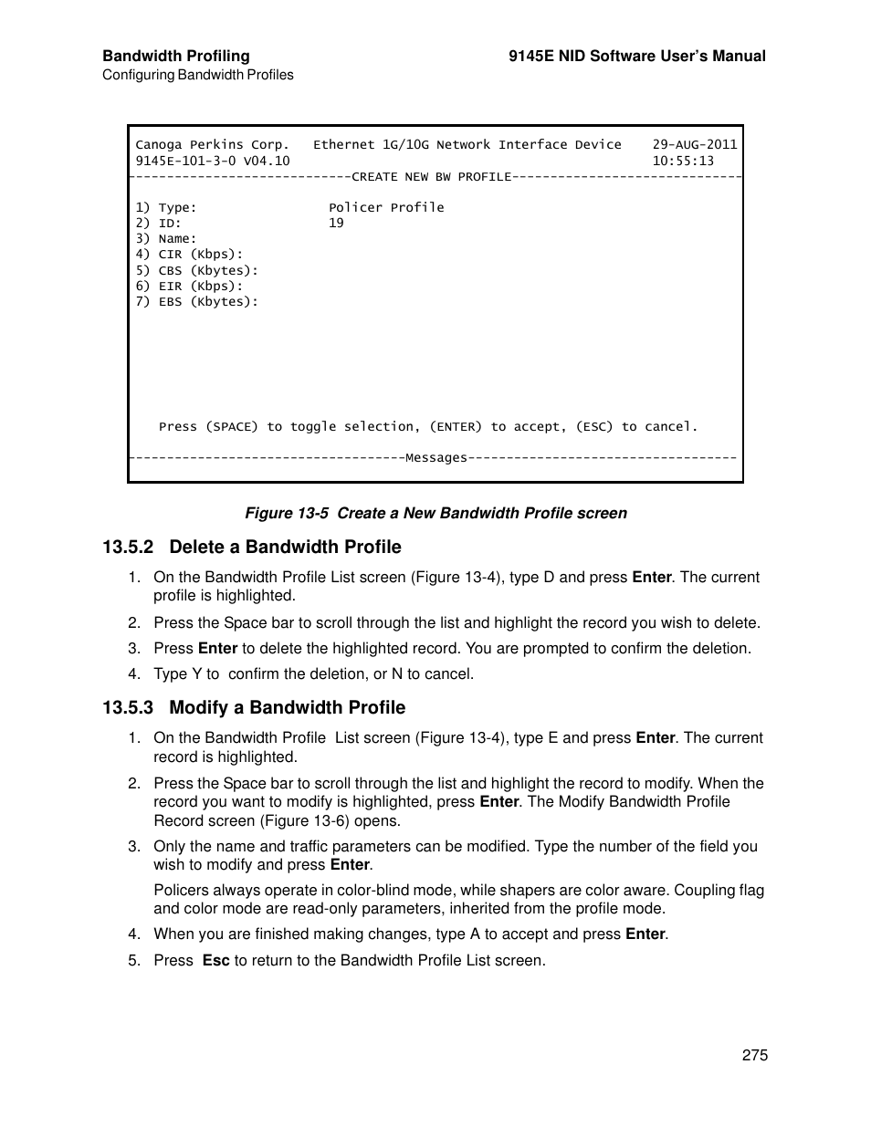 2 delete a bandwidth profile, 3 modify a bandwidth profile, Figure 13-5) | CANOGA PERKINS 9145E NID Software Version 4.10 User Manual | Page 287 / 296