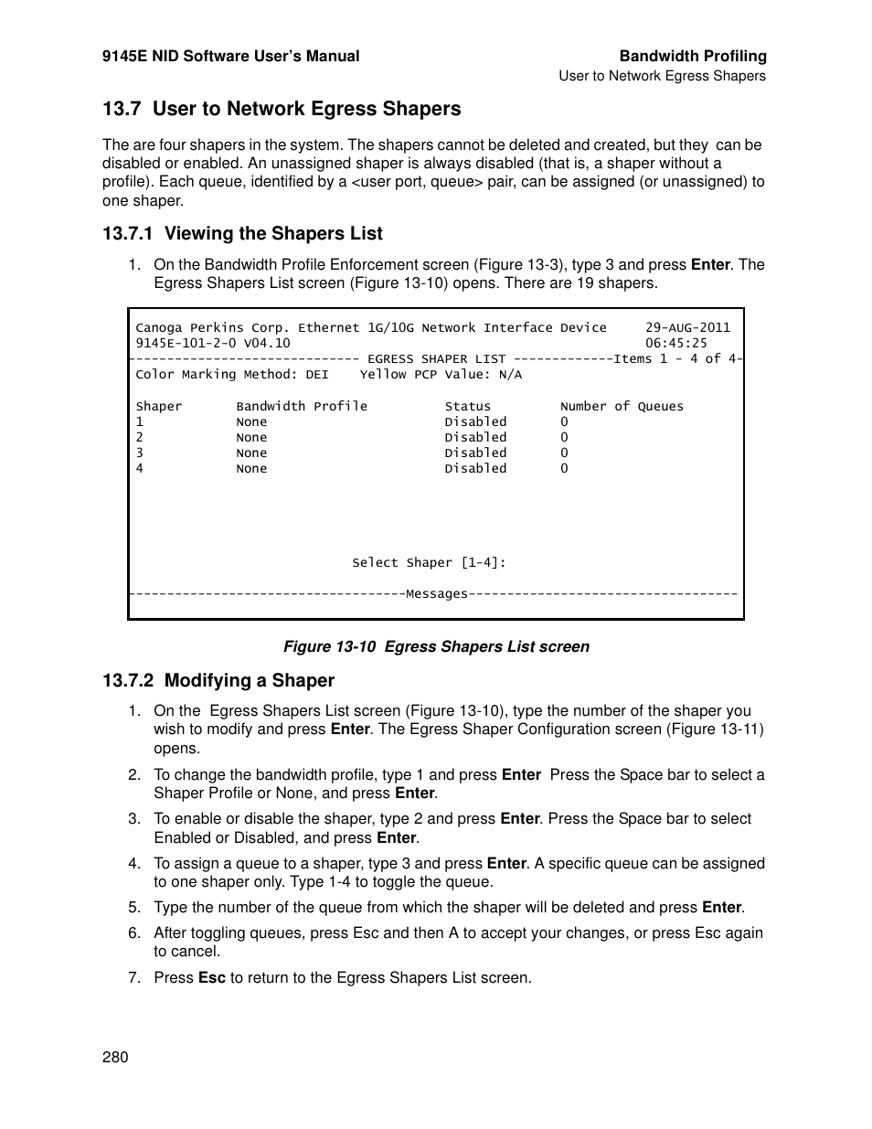 7 user to network egress shapers, 1 viewing the shapers list, 2 modifying a shaper | CANOGA PERKINS 9145E NID Software Version 4.10 User Manual | Page 292 / 296