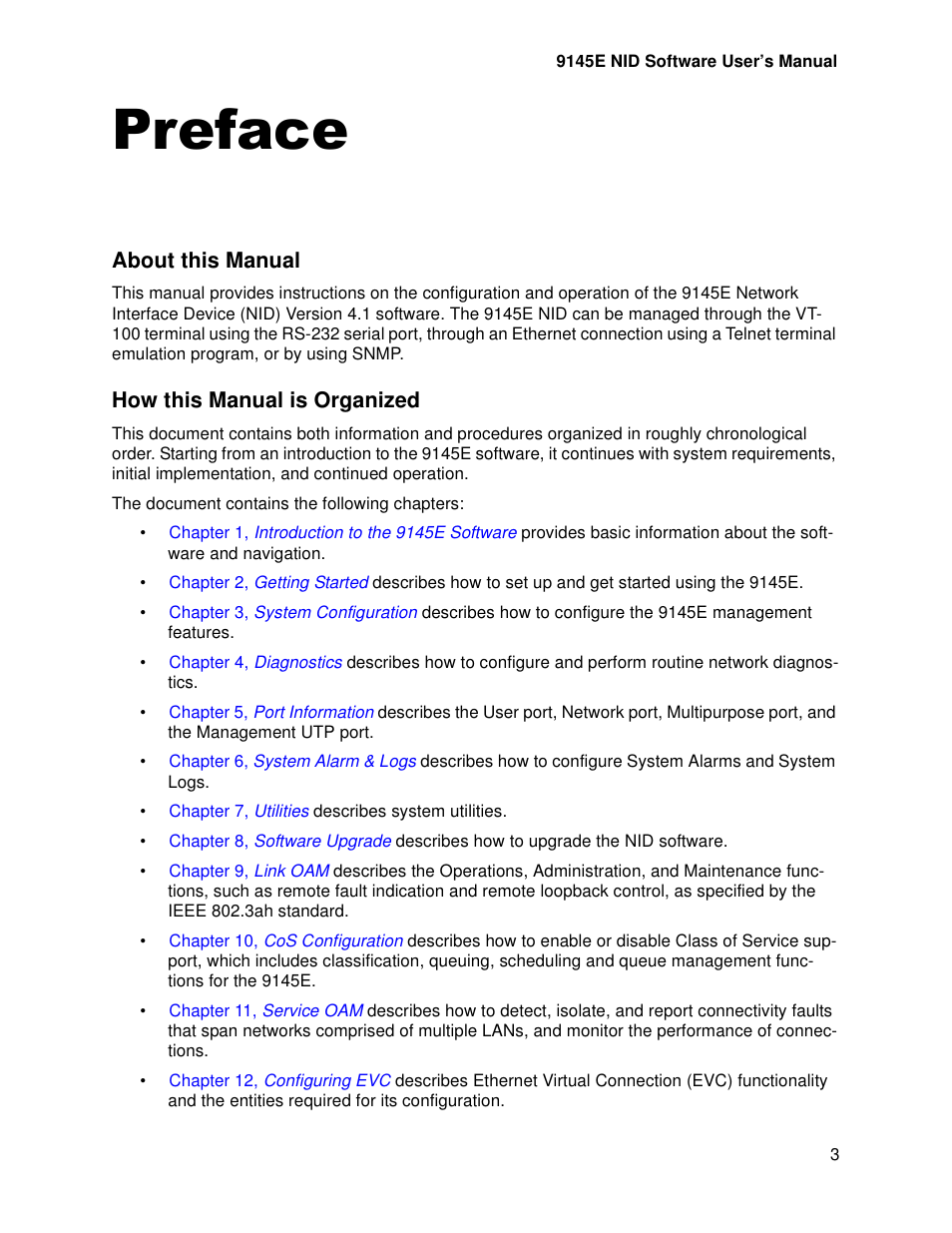 Preface, About this manual, How this manual is organized | CANOGA PERKINS 9145E NID Software Version 4.10 User Manual | Page 3 / 296
