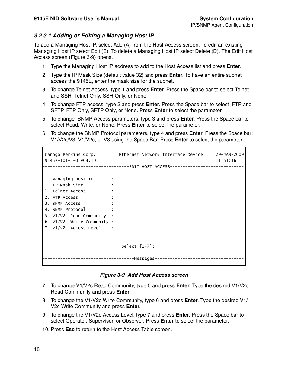 1 adding or editing a managing host ip, Adding or editing a managing host ip | CANOGA PERKINS 9145E NID Software Version 4.10 User Manual | Page 30 / 296