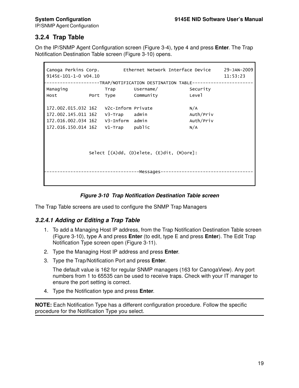4 trap table, 1 adding or editing a trap table, Trap table | Adding or editing a trap table | CANOGA PERKINS 9145E NID Software Version 4.10 User Manual | Page 31 / 296