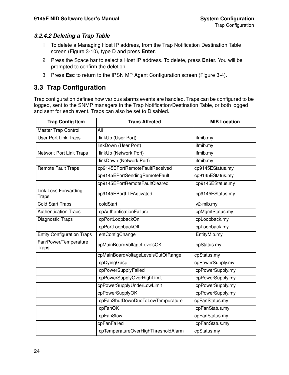 2 deleting a trap table, 3 trap configuration, Deleting a trap table | Trap configuration | CANOGA PERKINS 9145E NID Software Version 4.10 User Manual | Page 36 / 296