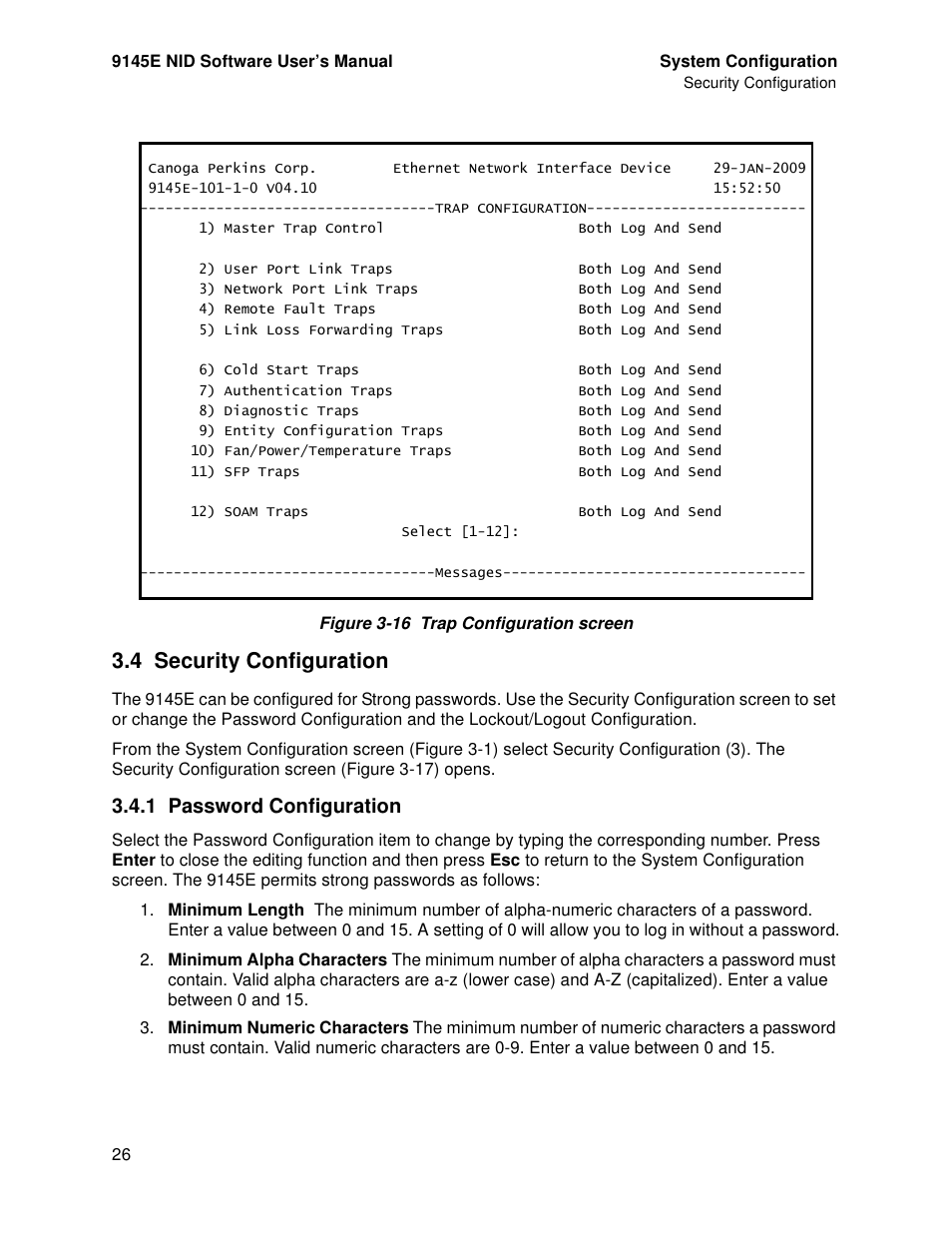 4 security configuration, 1 password configuration, Security configuration | Password configuration | CANOGA PERKINS 9145E NID Software Version 4.10 User Manual | Page 38 / 296