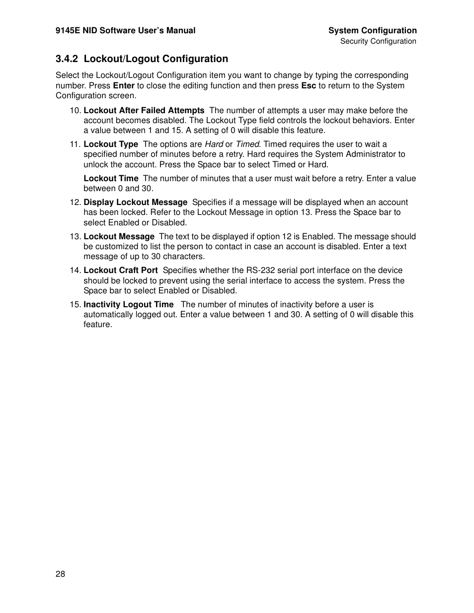 2 lockout/logout configuration, Lockout/logout configuration | CANOGA PERKINS 9145E NID Software Version 4.10 User Manual | Page 40 / 296