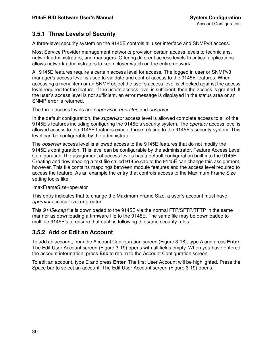 1 three levels of security, 2 add or edit an account, Three levels of security | Add or edit an account | CANOGA PERKINS 9145E NID Software Version 4.10 User Manual | Page 42 / 296