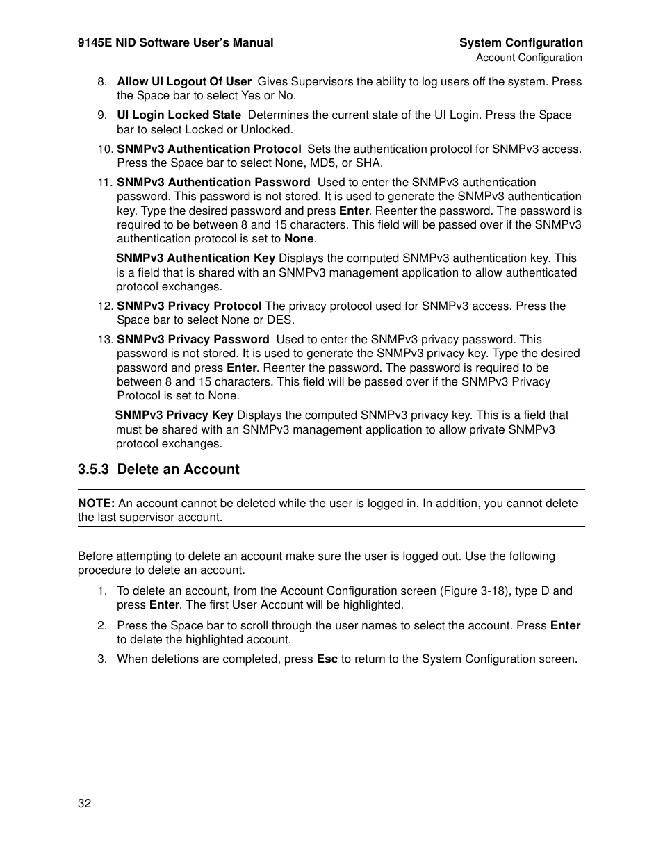 3 delete an account, Delete an account | CANOGA PERKINS 9145E NID Software Version 4.10 User Manual | Page 44 / 296