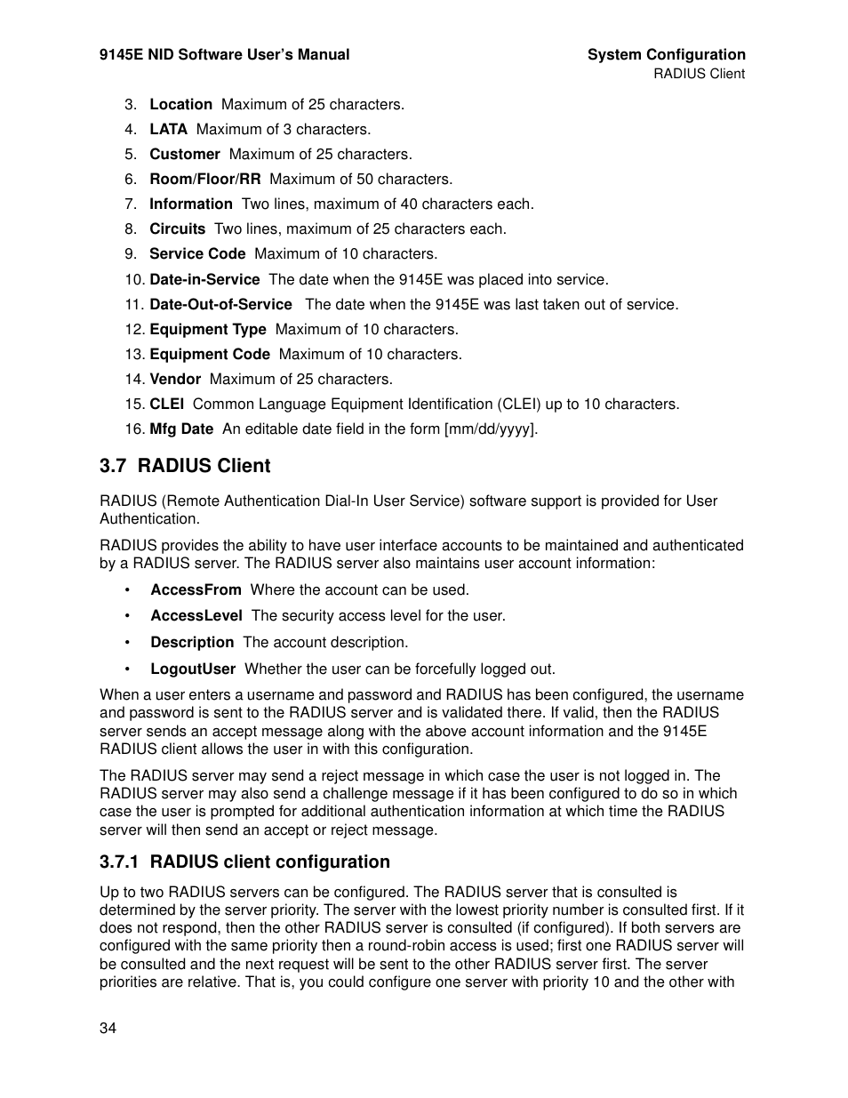 7 radius client, 1 radius client configuration, Radius client | Radius client configuration | CANOGA PERKINS 9145E NID Software Version 4.10 User Manual | Page 46 / 296