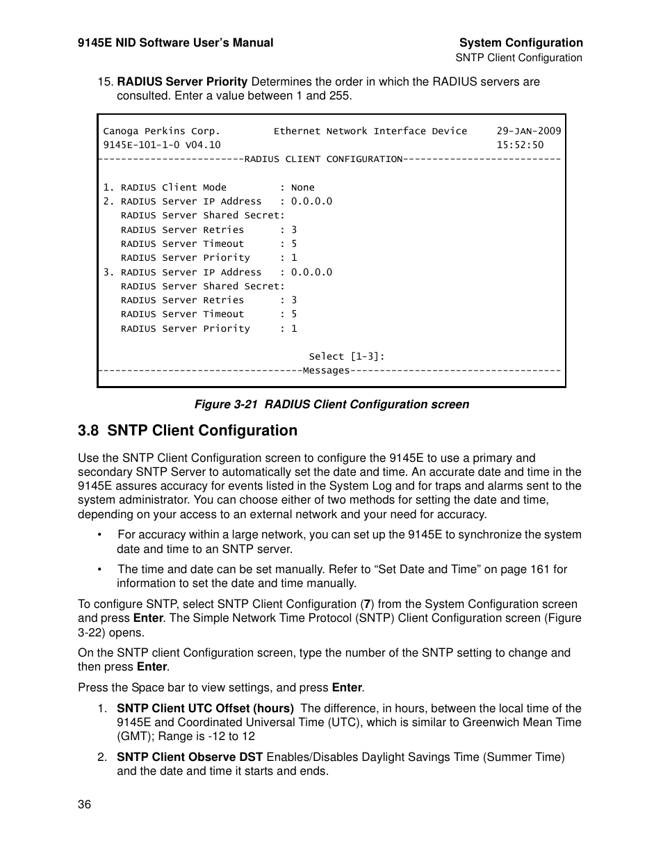 8 sntp client configuration, Sntp client configuration | CANOGA PERKINS 9145E NID Software Version 4.10 User Manual | Page 48 / 296