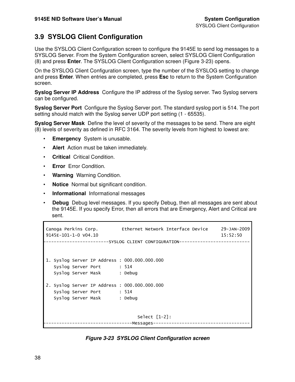 9 syslog client configuration, Syslog client configuration | CANOGA PERKINS 9145E NID Software Version 4.10 User Manual | Page 50 / 296