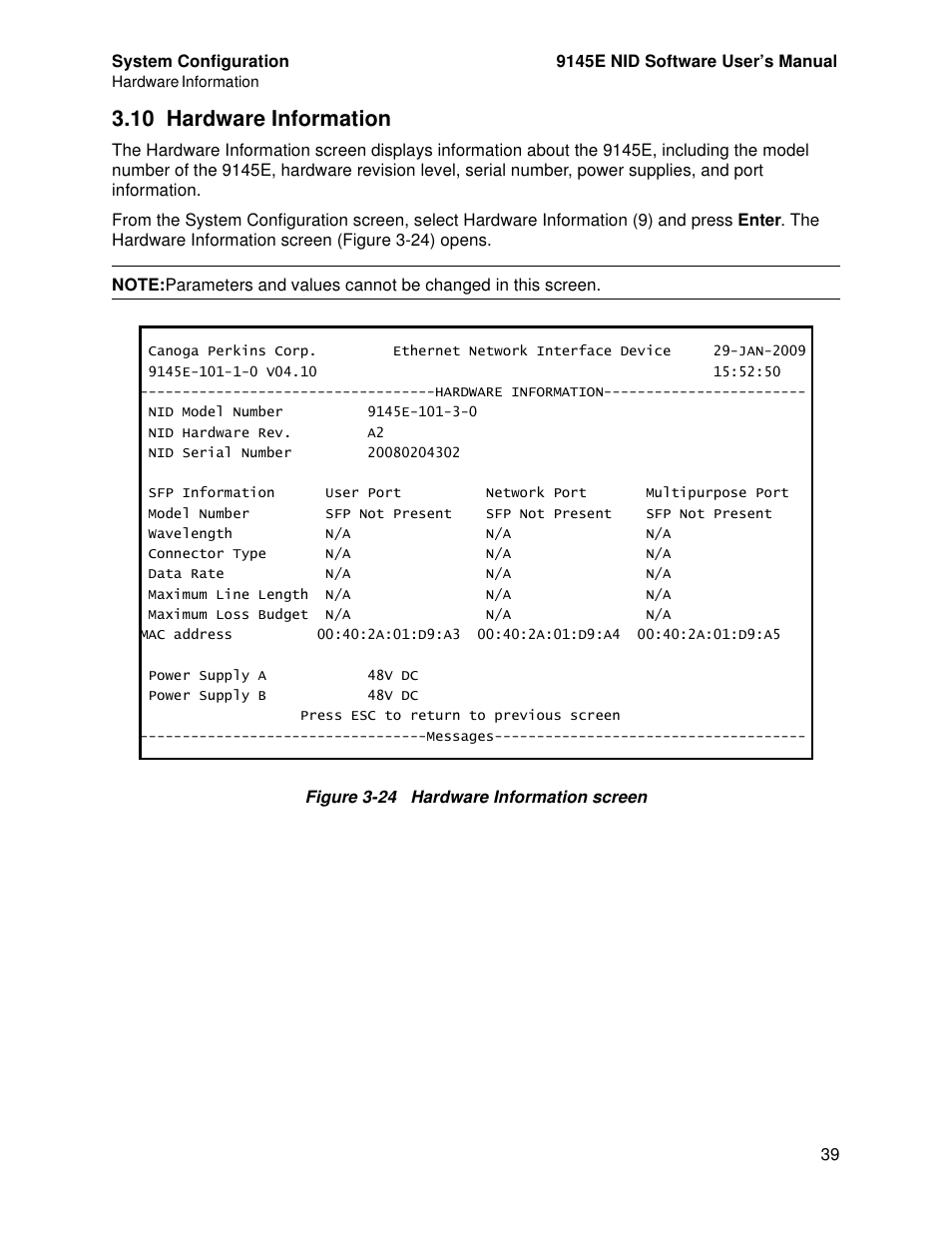 10 hardware information, Hardware information | CANOGA PERKINS 9145E NID Software Version 4.10 User Manual | Page 51 / 296
