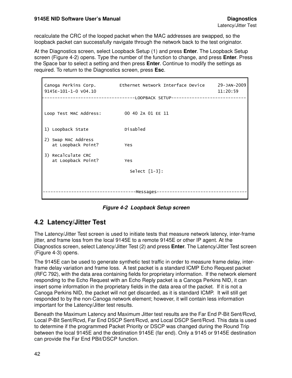 2 latency/jitter test, Latency/jitter test | CANOGA PERKINS 9145E NID Software Version 4.10 User Manual | Page 54 / 296