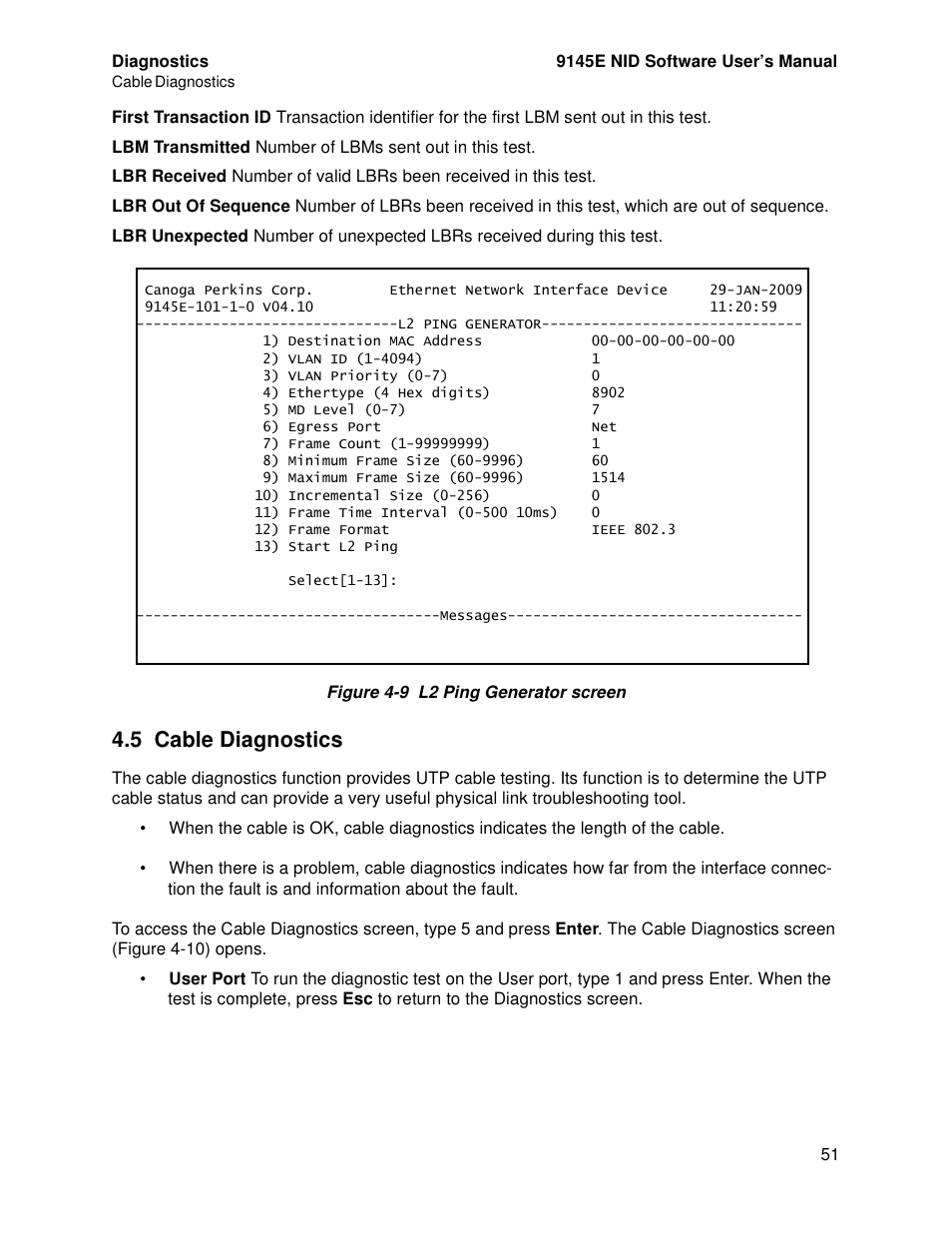 5 cable diagnostics, Cable diagnostics | CANOGA PERKINS 9145E NID Software Version 4.10 User Manual | Page 63 / 296