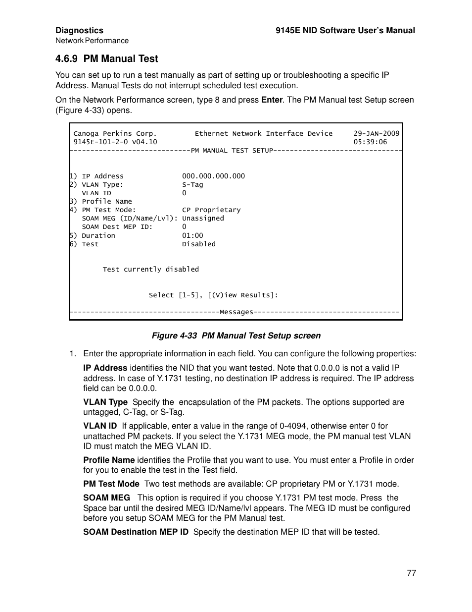 9 pm manual test | CANOGA PERKINS 9145E NID Software Version 4.10 User Manual | Page 89 / 296