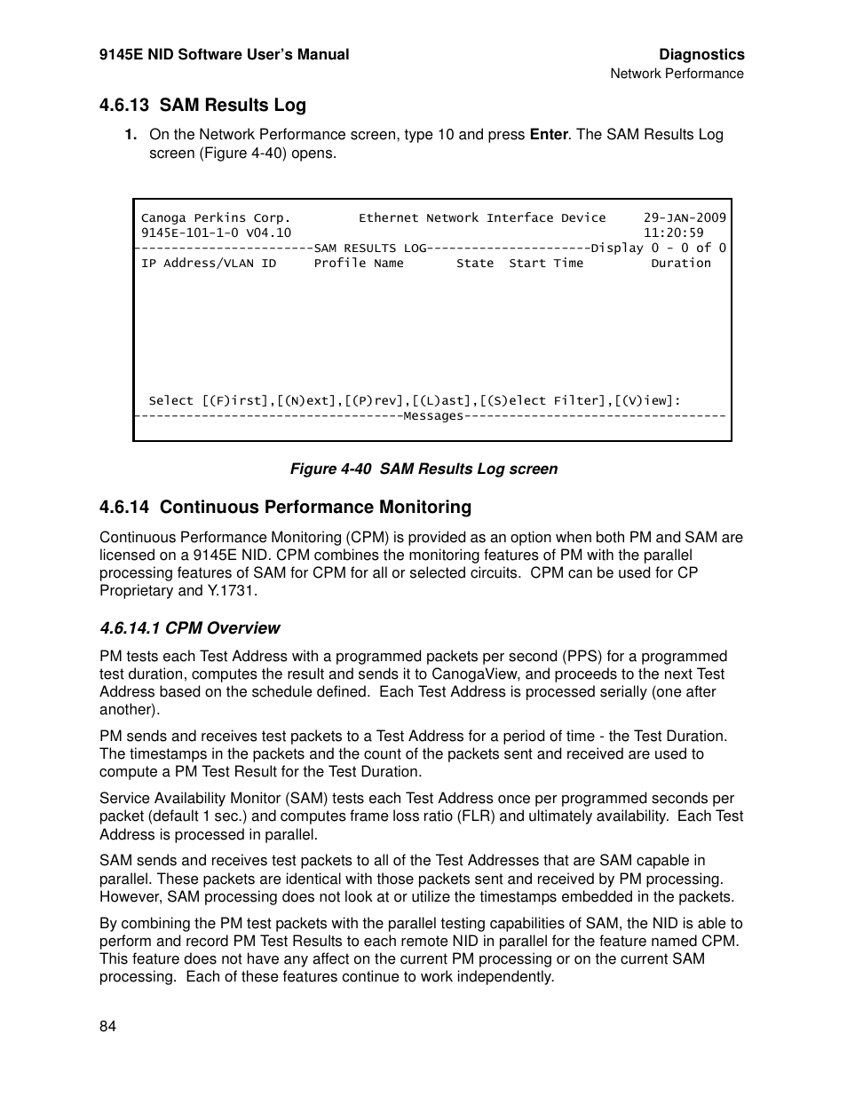 13 sam results log, 14 continuous performance monitoring, 1 cpm overview | CANOGA PERKINS 9145E NID Software Version 4.10 User Manual | Page 96 / 296