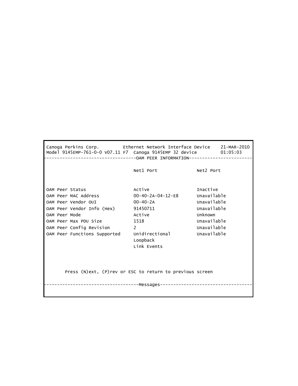 2 oam peer information | CANOGA PERKINS 9145EMP NID Software Version 3.1 User Manual | Page 109 / 202