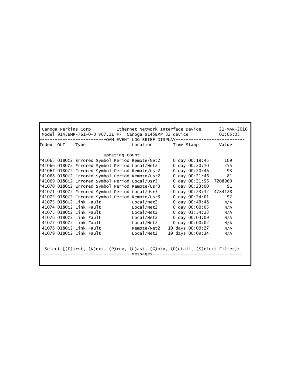 5 oam event log | CANOGA PERKINS 9145EMP NID Software Version 3.1 User Manual | Page 112 / 202