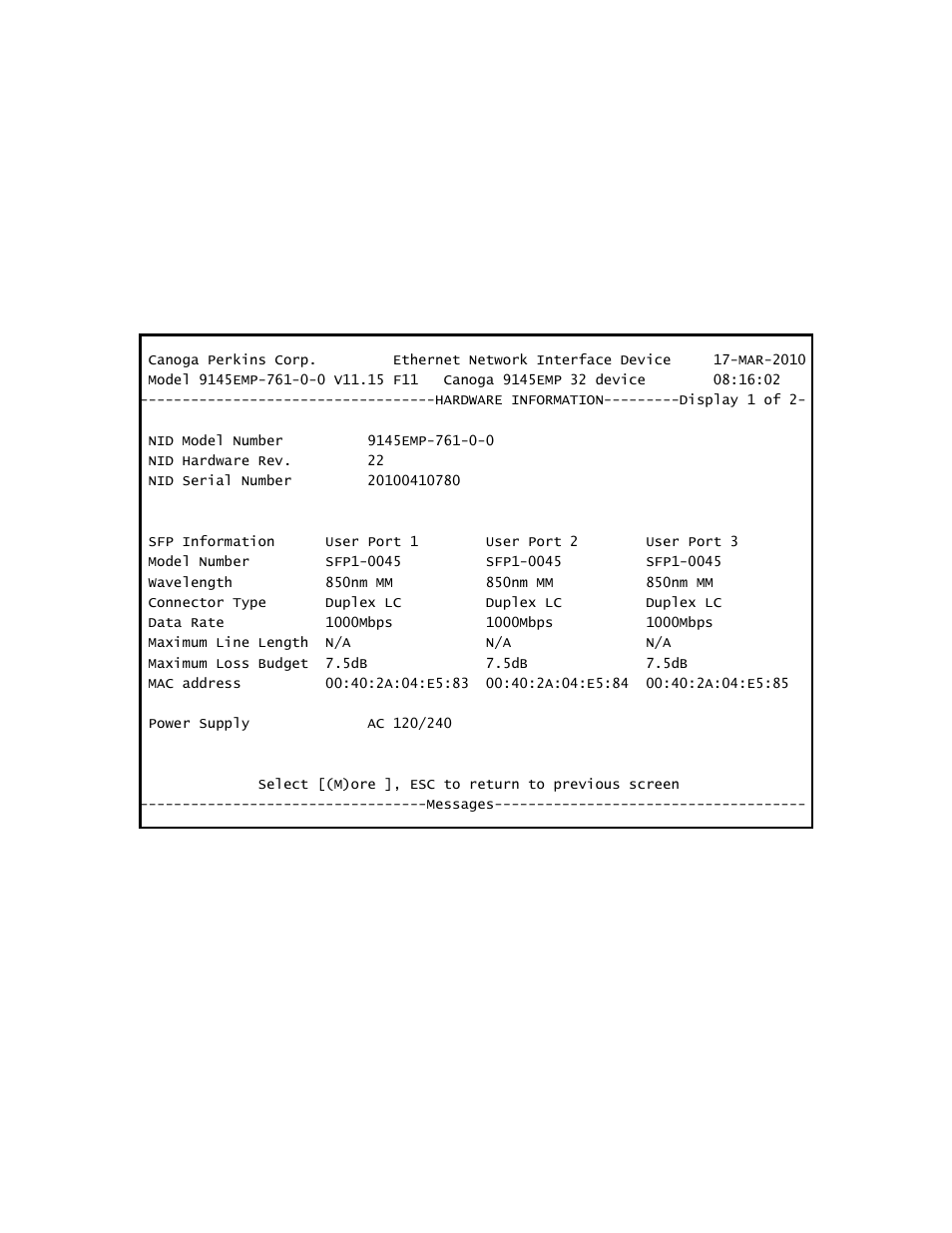 9 hardware information | CANOGA PERKINS 9145EMP NID Software Version 3.1 User Manual | Page 51 / 202