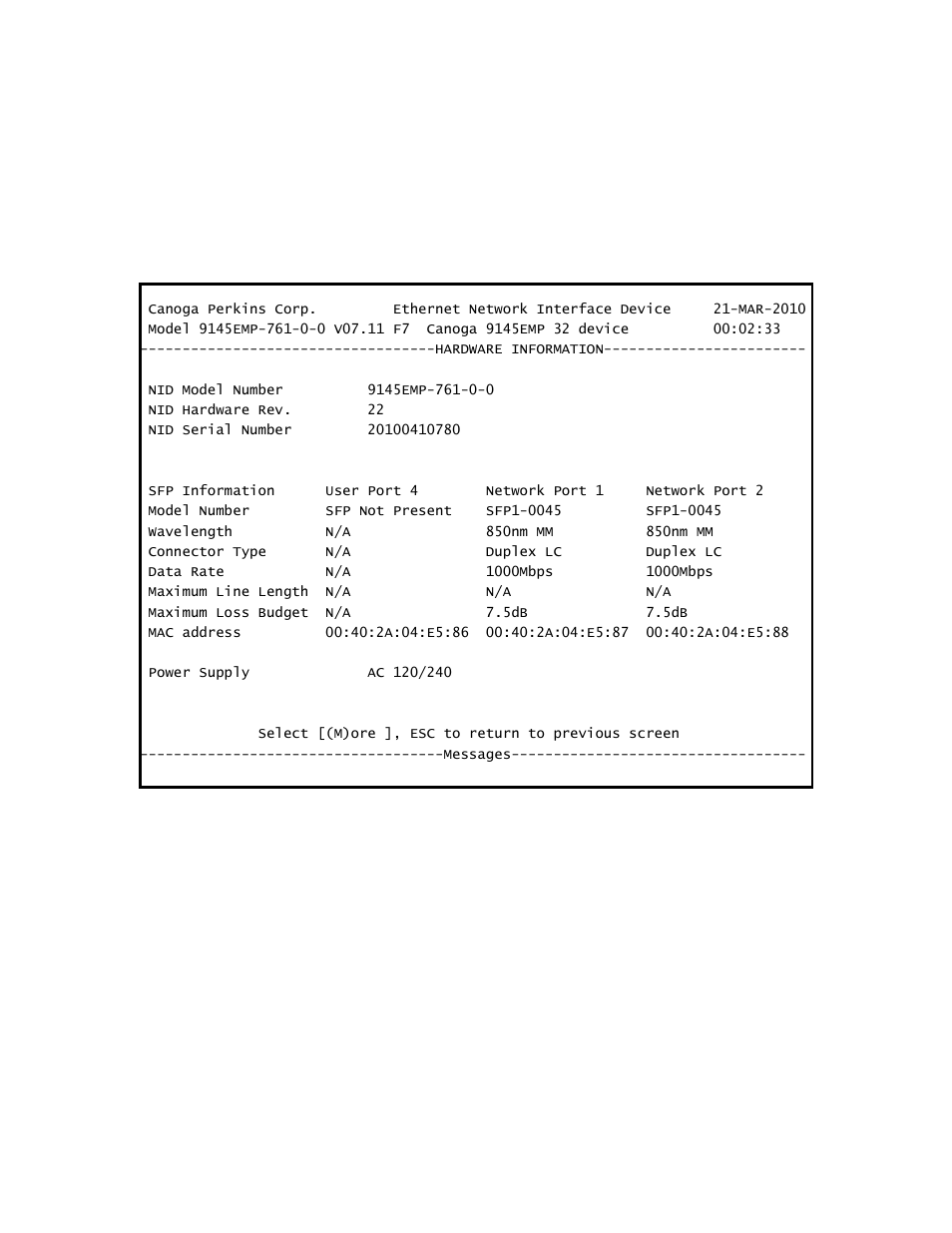 1 hardware information | CANOGA PERKINS 9145EMP NID Software Version 3.1 User Manual | Page 64 / 202