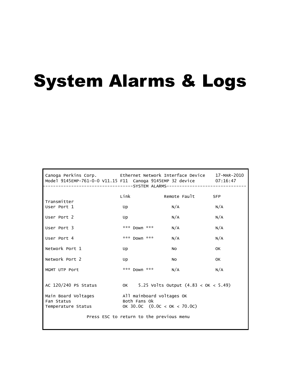 Chapter 6 system alarms & logs | CANOGA PERKINS 9145EMP NID Software Version 3.1 User Manual | Page 89 / 202