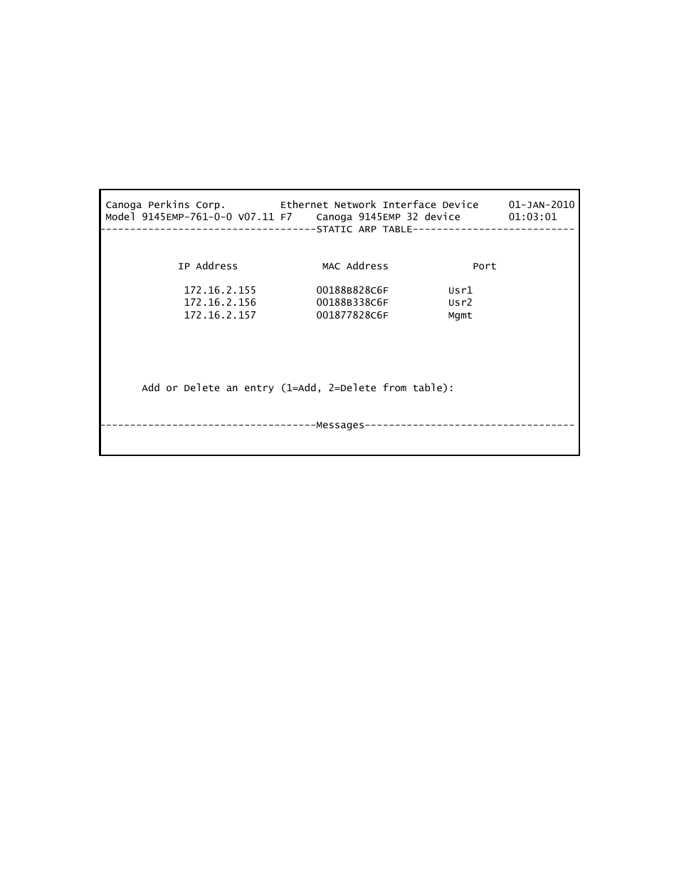 6 static arp table | CANOGA PERKINS 9145EMP NID Software Version 3.1 User Manual | Page 96 / 202