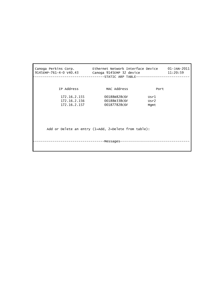 6 static arp table | CANOGA PERKINS 9145EMP NID Software Version 4.0 User Manual | Page 103 / 229