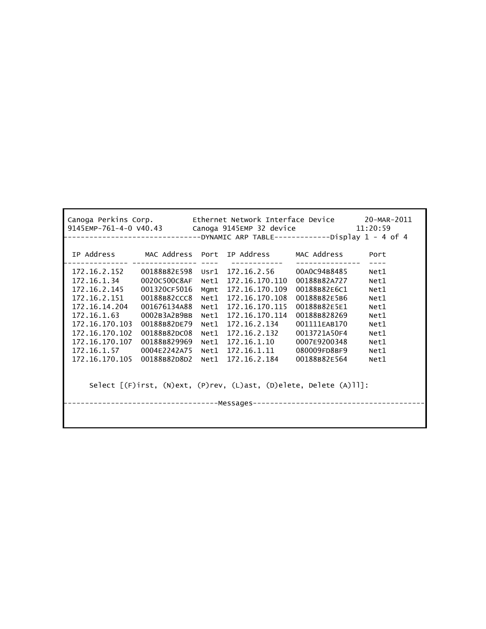 7 dynamic arp table | CANOGA PERKINS 9145EMP NID Software Version 4.0 User Manual | Page 104 / 229