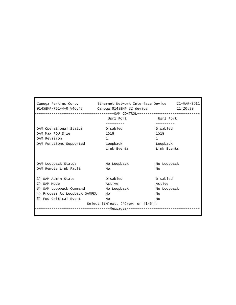 1 oam control, 1 oam operational status | CANOGA PERKINS 9145EMP NID Software Version 4.0 User Manual | Page 113 / 229