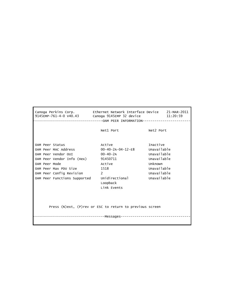 2 oam peer information | CANOGA PERKINS 9145EMP NID Software Version 4.0 User Manual | Page 116 / 229