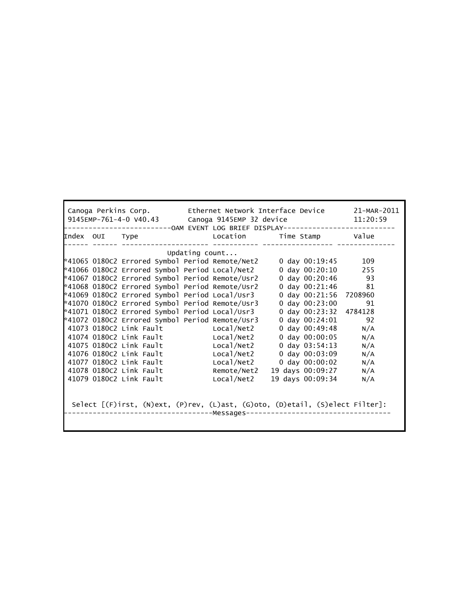 5 oam event log, 1 event log detail display | CANOGA PERKINS 9145EMP NID Software Version 4.0 User Manual | Page 119 / 229
