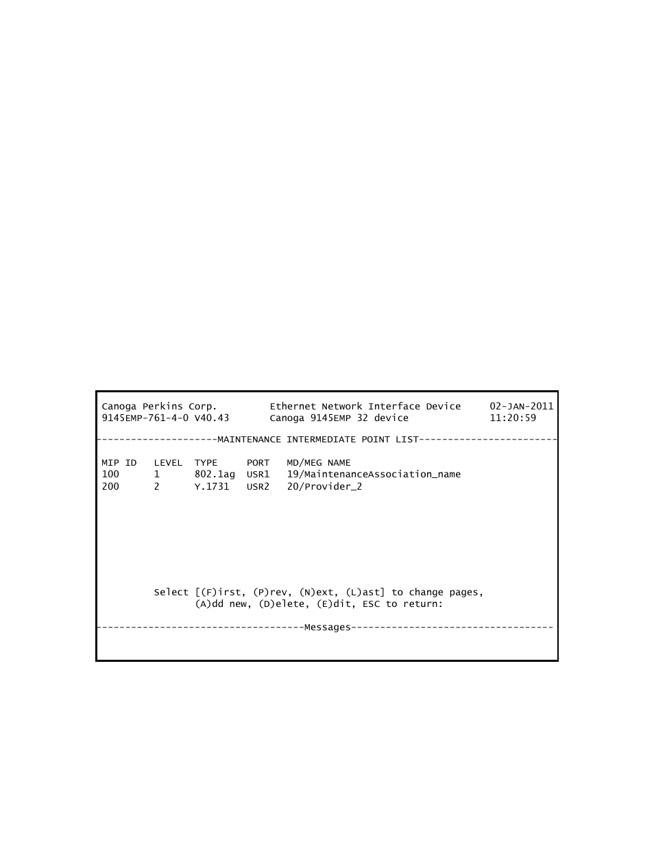 2 monitoring a loopback request, 7 maintenance intermediate points, 1 display maintenance intermediate points | CANOGA PERKINS 9145EMP NID Software Version 4.0 User Manual | Page 182 / 229