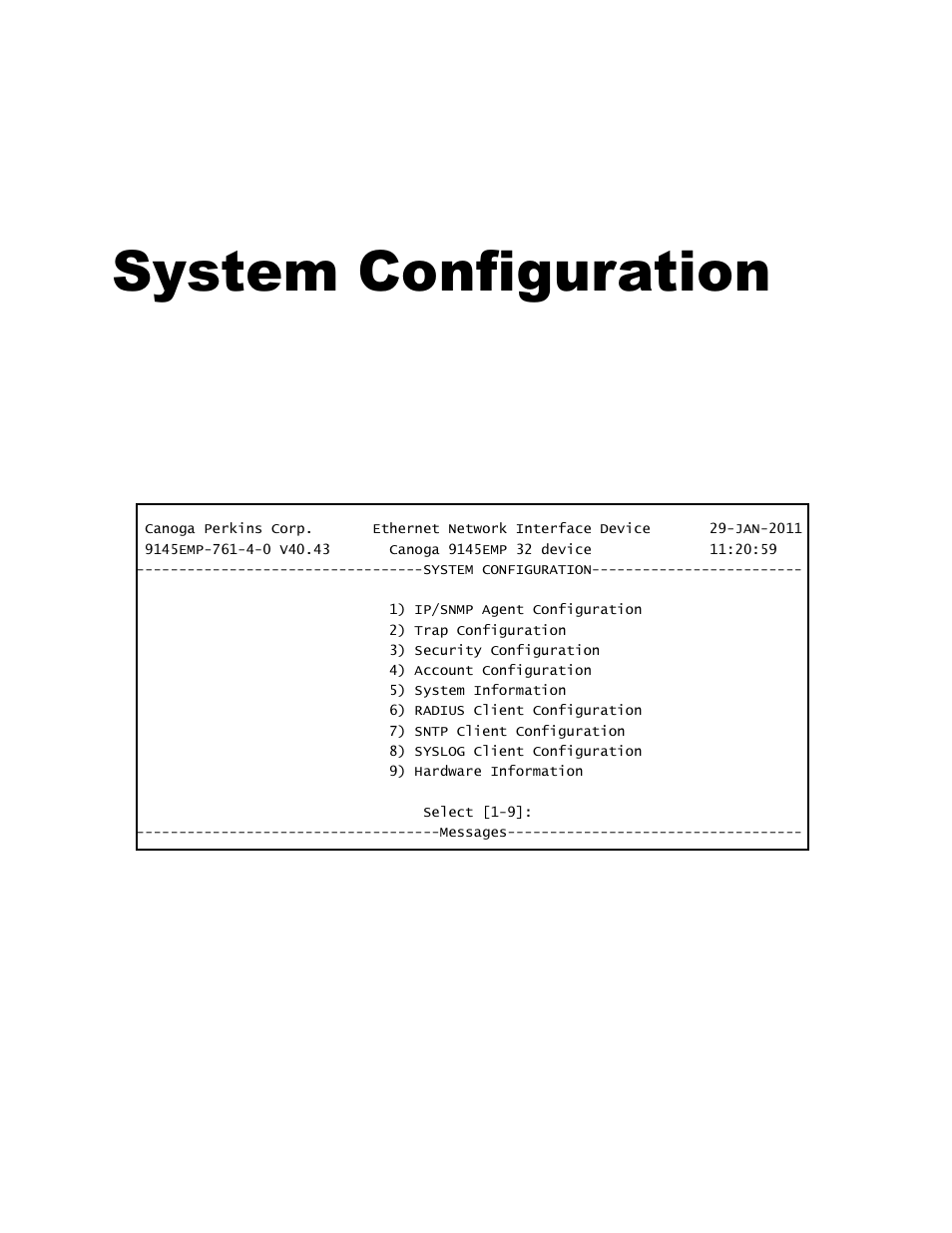 System configuration, 0 system configuration menu, Chapter 3 system configuration | CANOGA PERKINS 9145EMP NID Software Version 4.0 User Manual | Page 26 / 229