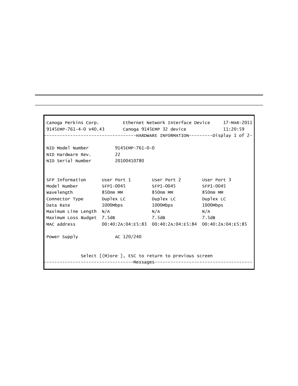 9 hardware information | CANOGA PERKINS 9145EMP NID Software Version 4.0 User Manual | Page 55 / 229