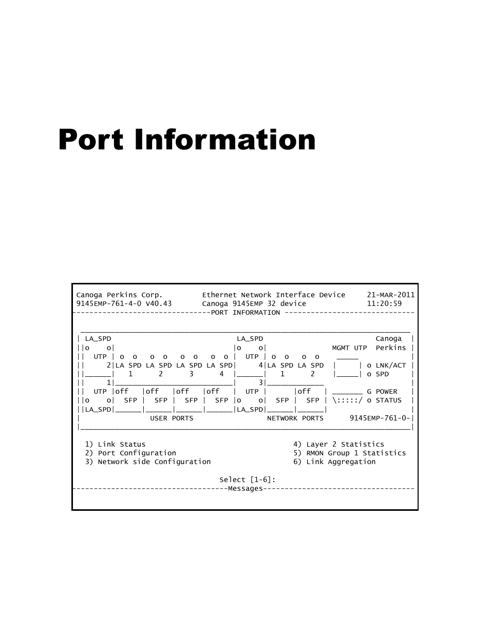 Port information, 0 port description, Chapter 5 port information | CANOGA PERKINS 9145EMP NID Software Version 4.0 User Manual | Page 66 / 229