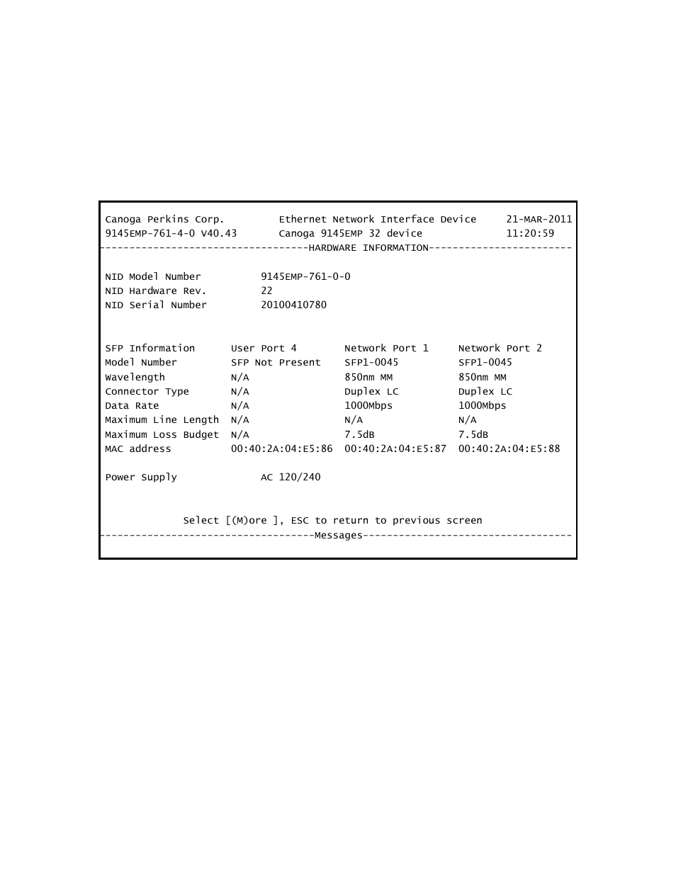 1 hardware information | CANOGA PERKINS 9145EMP NID Software Version 4.0 User Manual | Page 69 / 229