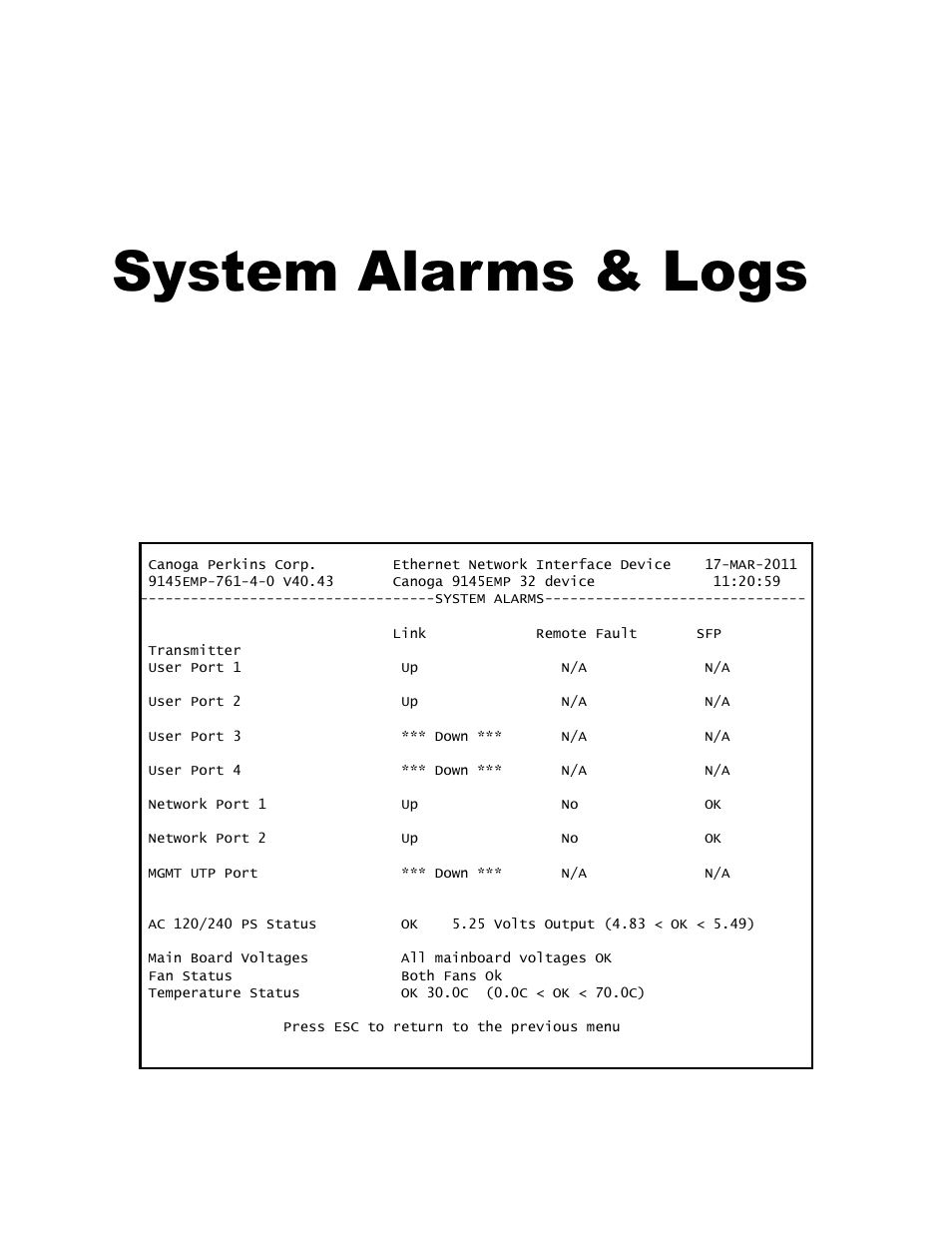 System alarms & logs, 0 system alarms, Chapter 6 system alarms & logs | CANOGA PERKINS 9145EMP NID Software Version 4.0 User Manual | Page 96 / 229