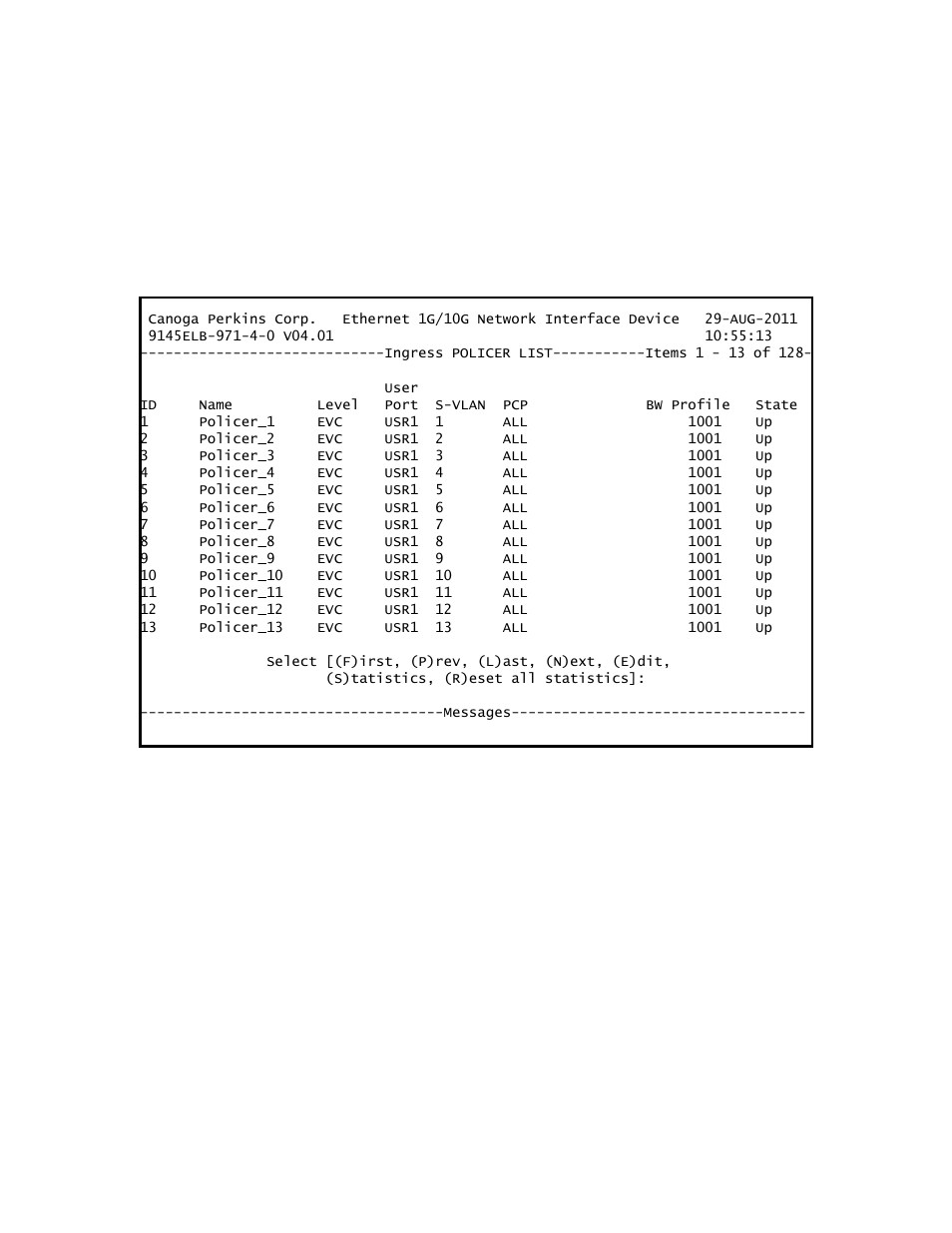 6 user to network ingress policers, 1 modifying a policer | CANOGA PERKINS 9145ELB NID Software Version 4.01 User Manual | Page 145 / 152