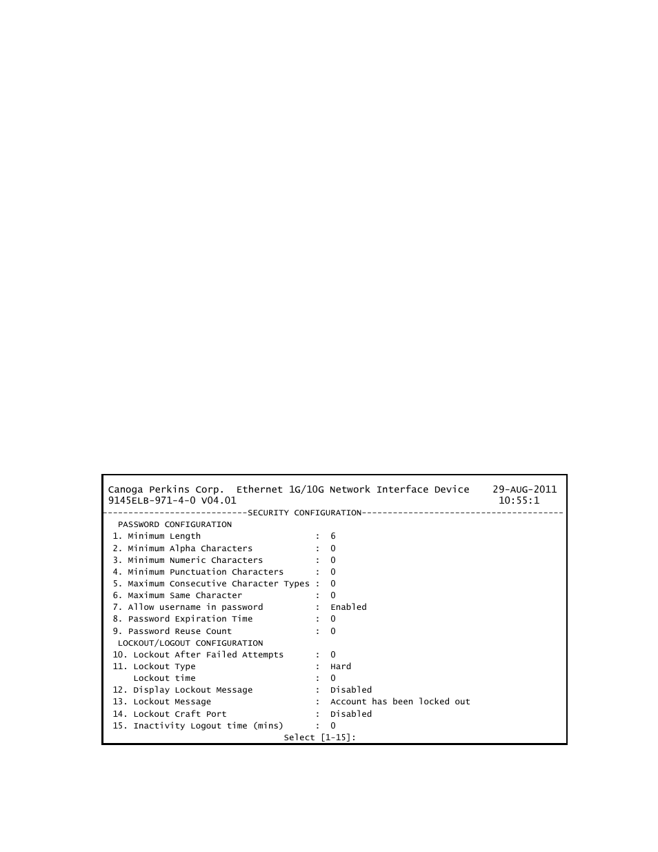 2 security configuration, 1 password configuration | CANOGA PERKINS 9145ELB NID Software Version 4.01 User Manual | Page 40 / 152