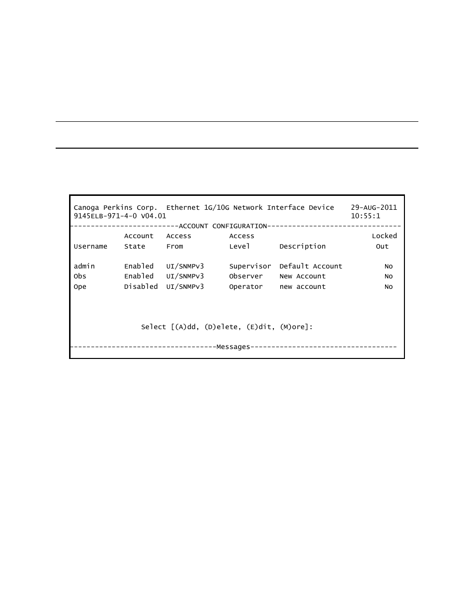 3 account configuration | CANOGA PERKINS 9145ELB NID Software Version 4.01 User Manual | Page 42 / 152