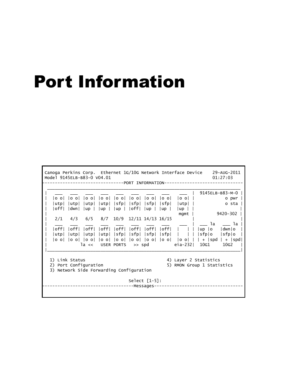 Port information, 0 port description, Chapter 5 port information | CANOGA PERKINS 9145ELB NID Software Version 4.01 User Manual | Page 65 / 152