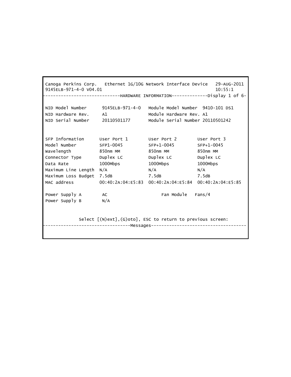 1 hardware information | CANOGA PERKINS 9145ELB NID Software Version 4.01 User Manual | Page 68 / 152