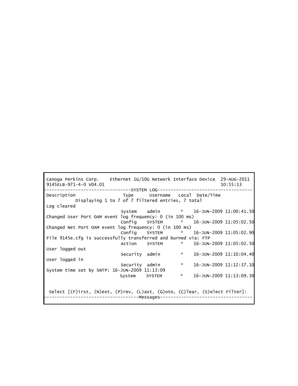 1 system log | CANOGA PERKINS 9145ELB NID Software Version 4.01 User Manual | Page 84 / 152