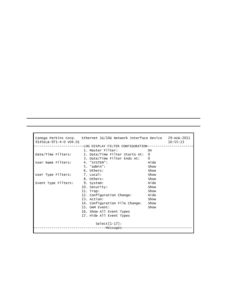 1 log display filter configuration | CANOGA PERKINS 9145ELB NID Software Version 4.01 User Manual | Page 85 / 152