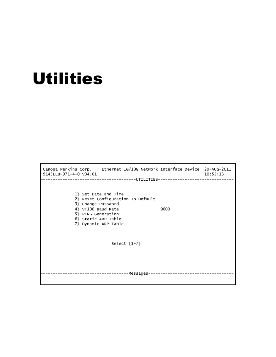 Utilities, 0 utilities menu, Chapter 7 utilities | CANOGA PERKINS 9145ELB NID Software Version 4.01 User Manual | Page 87 / 152