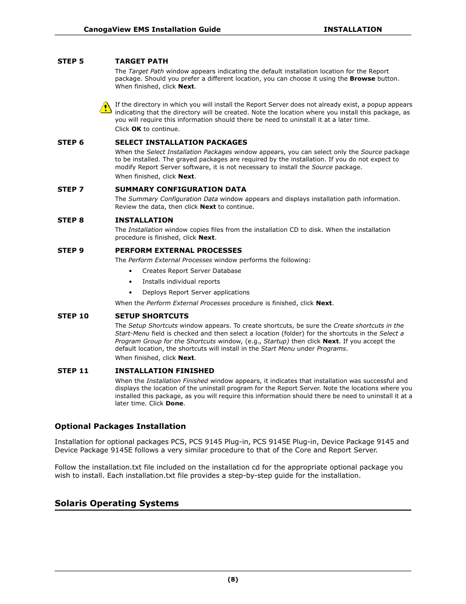 Optional packages installation, Solaris operating systems | CANOGA PERKINS CanogaView EMS User Manual | Page 12 / 25