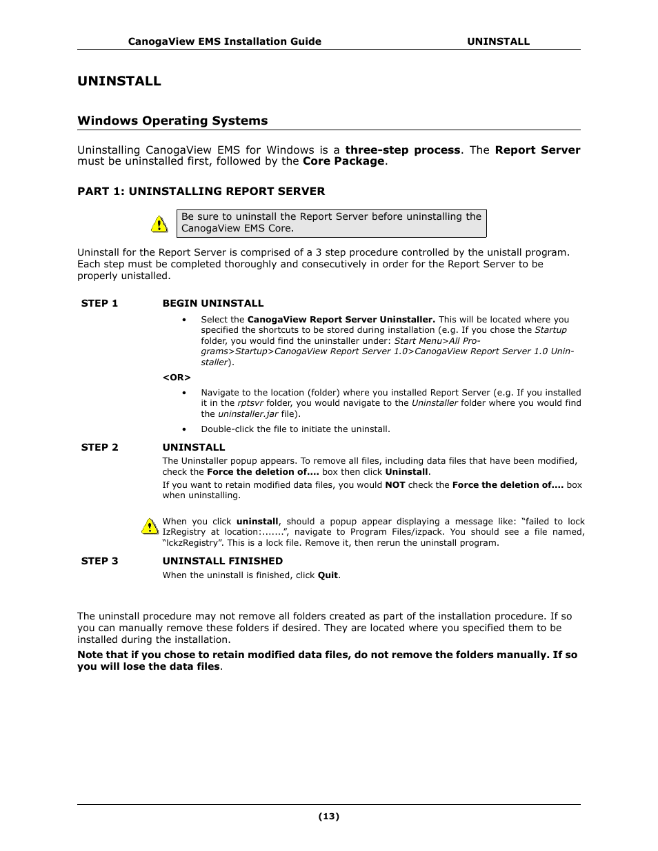 Uninstall, Part 1: uninstalling report server, Windows operating systems | CANOGA PERKINS CanogaView EMS User Manual | Page 17 / 25