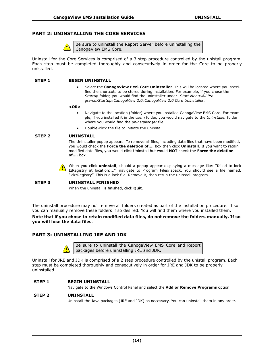 Part 2: uninstalling the core services, Part 3: uninstalling jre and jdk | CANOGA PERKINS CanogaView EMS User Manual | Page 18 / 25