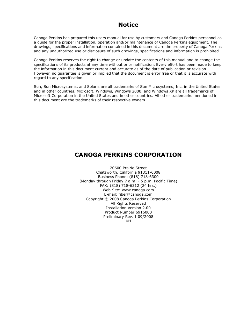 Notice, Canoga perkins corporation | CANOGA PERKINS CanogaView EMS User Manual | Page 2 / 25