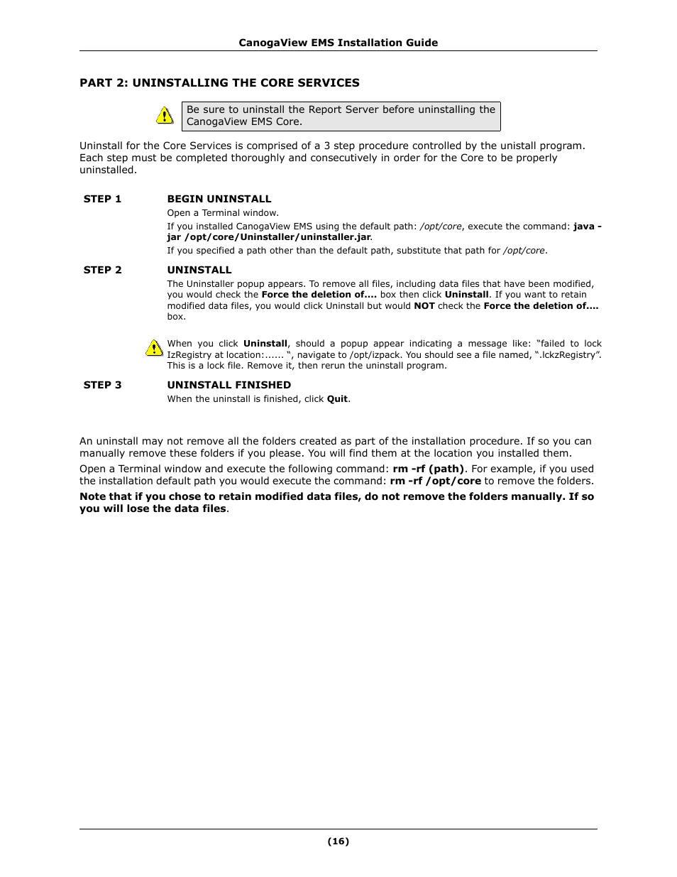 Part 2: uninstalling the core services | CANOGA PERKINS CanogaView EMS User Manual | Page 20 / 25