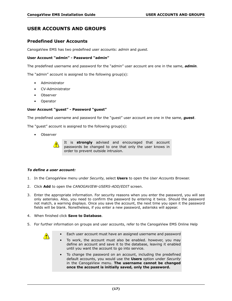 User accounts and groups, Predefined user accounts | CANOGA PERKINS CanogaView EMS User Manual | Page 21 / 25