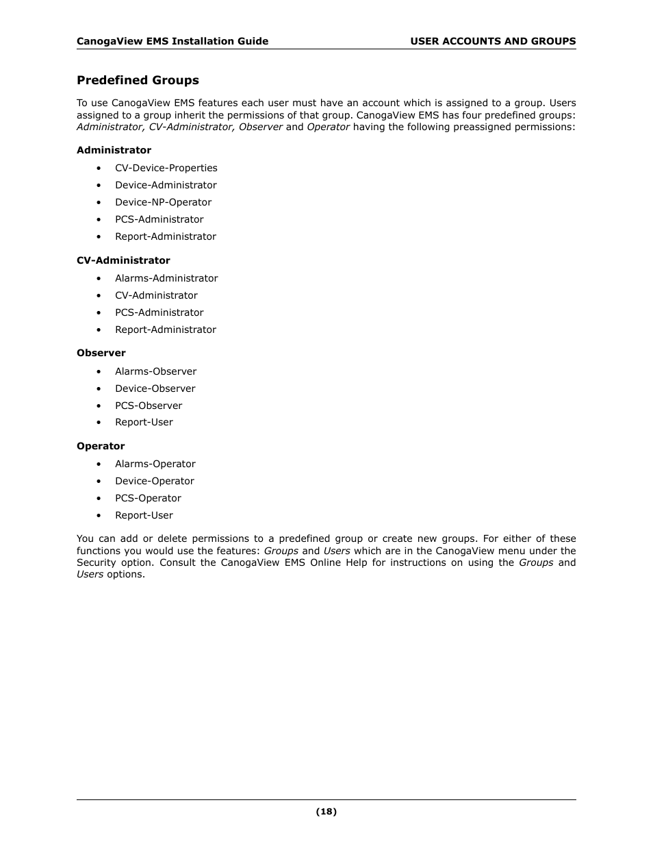 Predefined groups | CANOGA PERKINS CanogaView EMS User Manual | Page 22 / 25